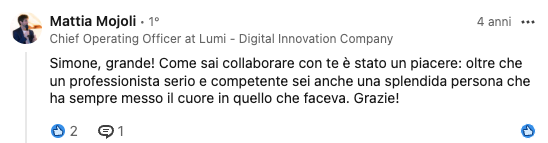 Testimonianza professionale LinkedIn su Simone Mattei