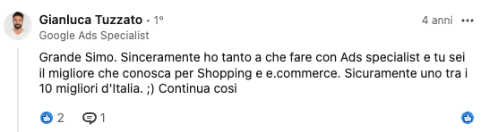 Feedback LinkedIn su Simone Mattei - consulente PPC