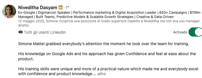Testimonianza LinkedIn su Simone Mattei - consulenza PPC e Google Ads
