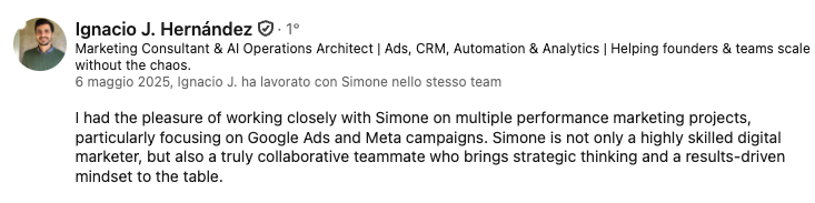 Recensione LinkedIn su Simone Mattei - consulente Google Ads