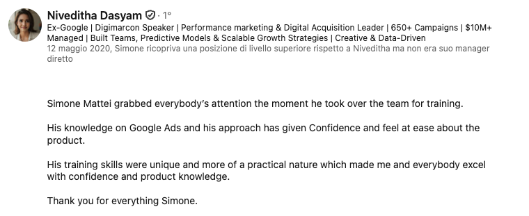 Recensione LinkedIn su Simone Mattei e la gestione di campagne Google Ads