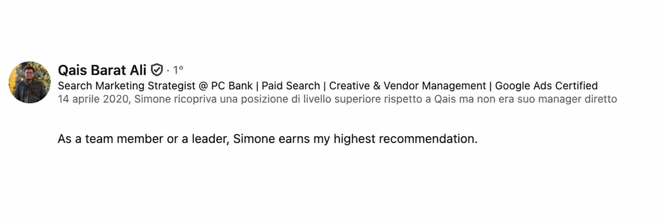 Testimonianza LinkedIn sulla collaborazione professionale con Simone Mattei