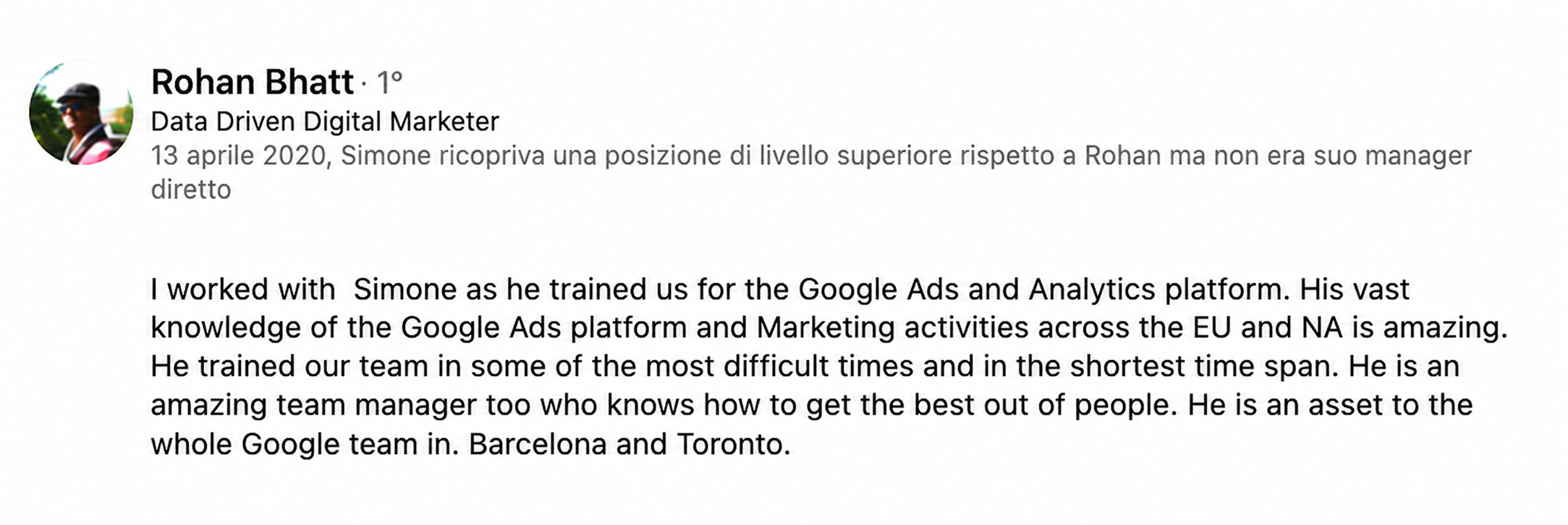 Feedback LinkedIn su Simone Mattei come consulente Google Ads e PPC